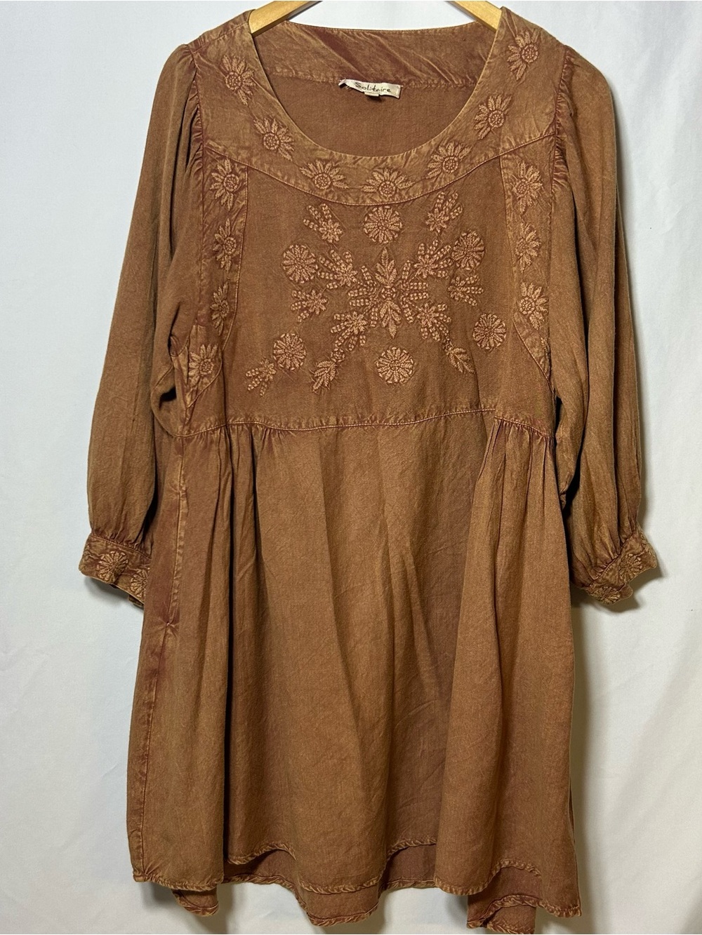 Solitaire Embroidered Brown Peasant Dress size XL Boho Lagenlook
